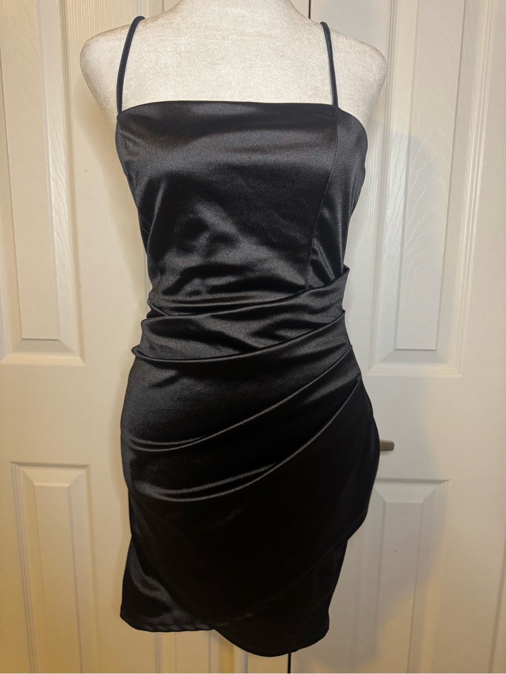 Windsor Black Satin Ruched Bodycon Mini Dress Spaghetti Strap Party Dress - Picture 2 of 7